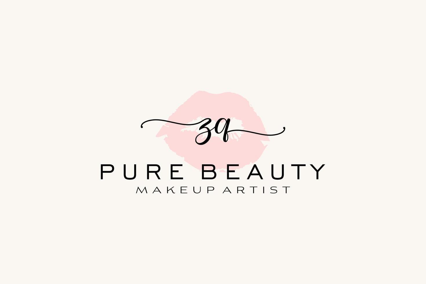 vorgefertigtes Logo-Design mit anfänglichen zq-Aquarelllippen, Logo für Make-up-Künstler-Business-Branding, errötendes Beauty-Boutique-Logo-Design, Kalligrafie-Logo mit kreativer Vorlage. vektor