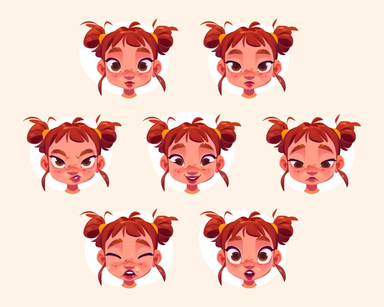 Cule Gesicht des kleinen Mädchens mit unterschiedlichen Emotionen vektor