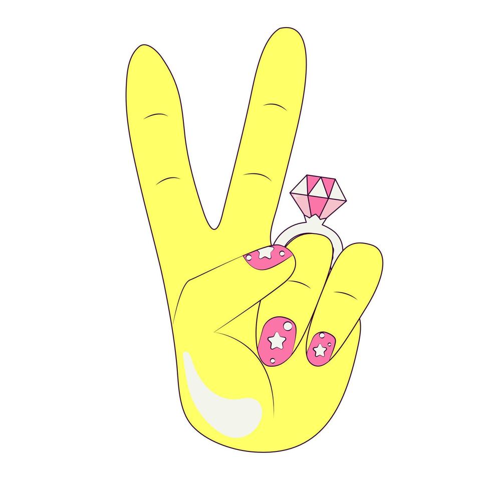 Peace-Zeichen-Hand mit lackierten hellen Nägeln und Verlobungsring mit großem rosafarbenem Diamant-Tätowierungsaufkleber oder Abzeichen im retro-groovigen Stil Junggesellinnenabschied vektor