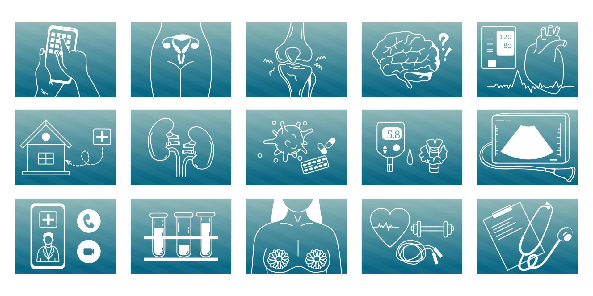 medizinische symbole verschiedener richtungen medizin. Gynäkologie, Ultraschall, Onkologie, Therapie, Orthopädie, Mammologie, Laboruntersuchungen. Vektor