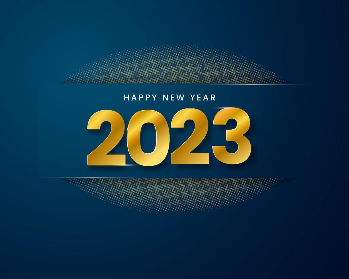 Lycklig ny år 2023 med gyllene text och glitter lyx bakgrund i Marin Färg. gretting kort, baner vektor illustration