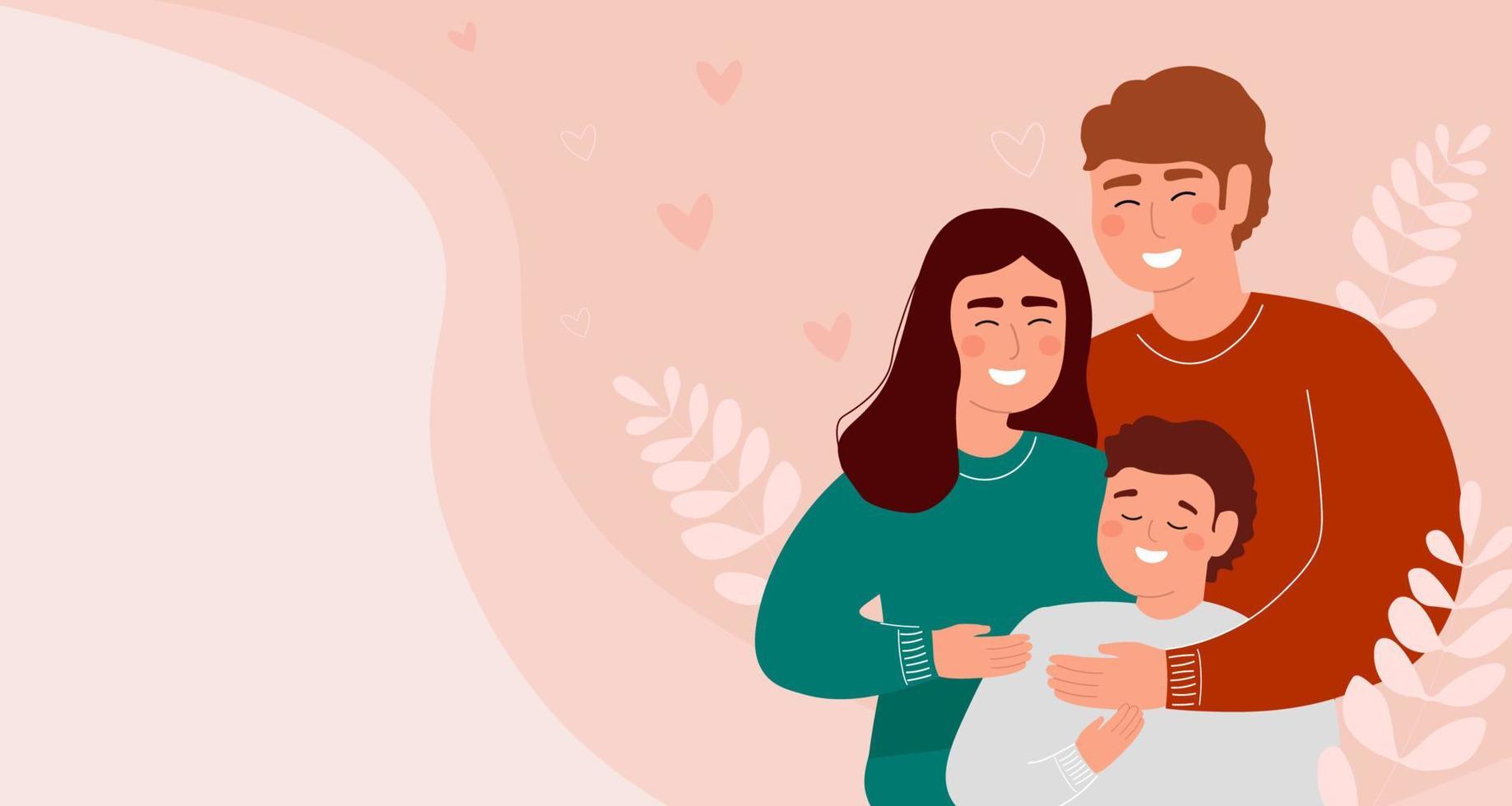 Lycklig familj kramar. mor, far, son tillsammans. vektor grafik. horisontell baner med kopia Plats.