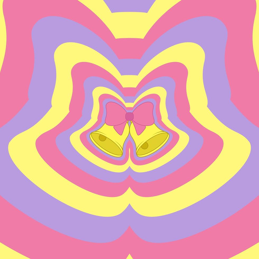 vektorillustration von jingle bells, die mit rosa schleife verziert sind. abstrakter Regenbogenhintergrund mit sich wiederholenden Silhouetteglocken. konzept weihnachten, neujahr. trendiger y2k retro Hippie-Print. hypnotisches Muster vektor