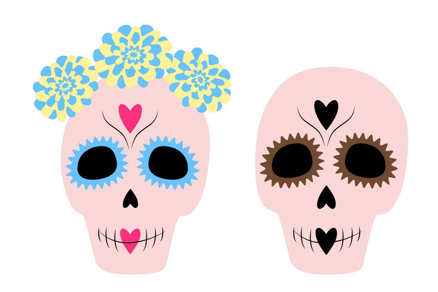 Set aus zwei Zuckerschädeln in trendigen Farbtönen. Tag der Toten. dia de los muertos. Mexiko. Aufkleber. Symbol vektor