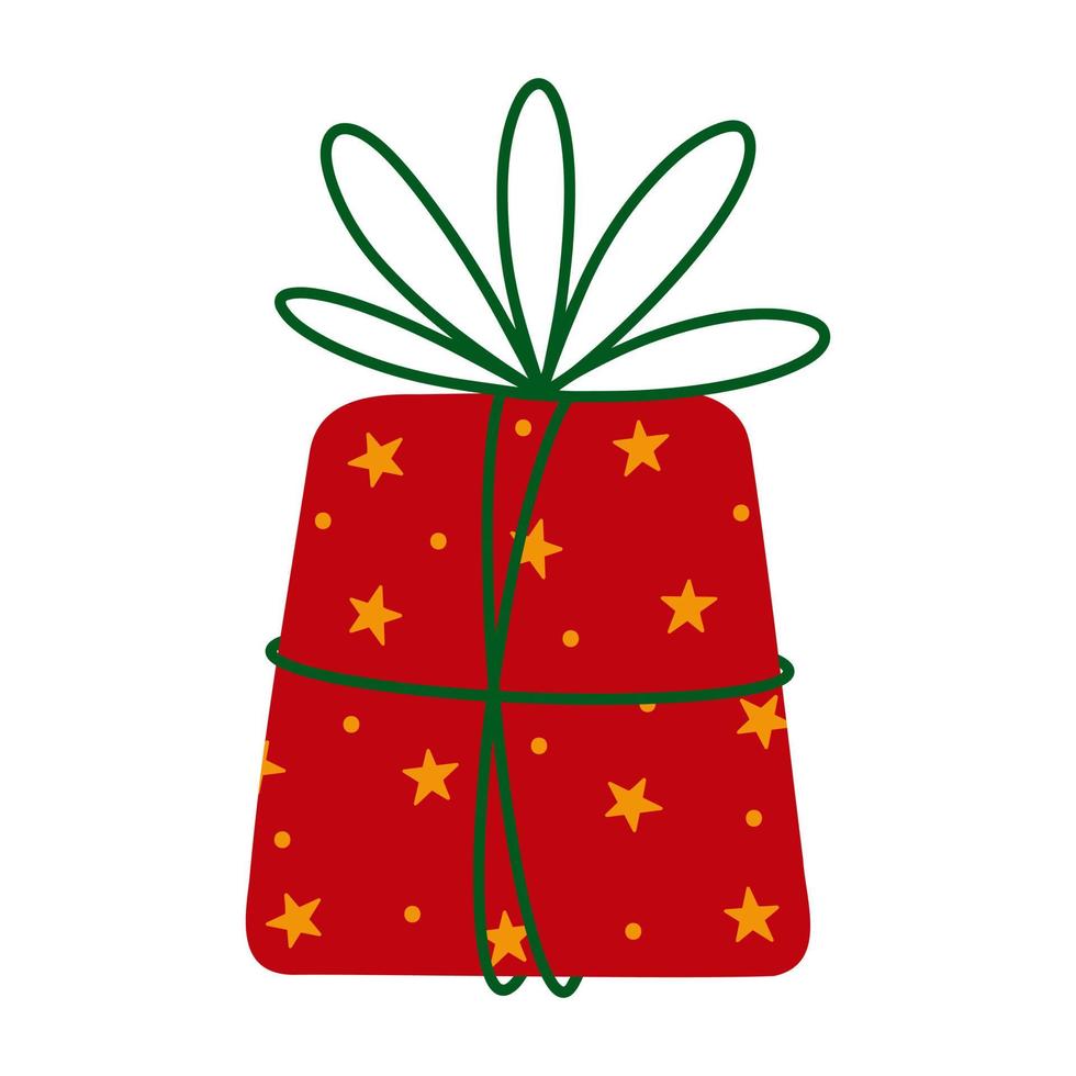 Überraschen Sie das rote Geschenkbox-Vektorsymbol. geschenk für weihnachten, geburtstag, feiertage. Verpackung mit goldenen Sternen, die mit einem Band gebunden sind. flache karikaturcliparts lokalisiert auf weiß. illustration für karten, druck, logo vektor