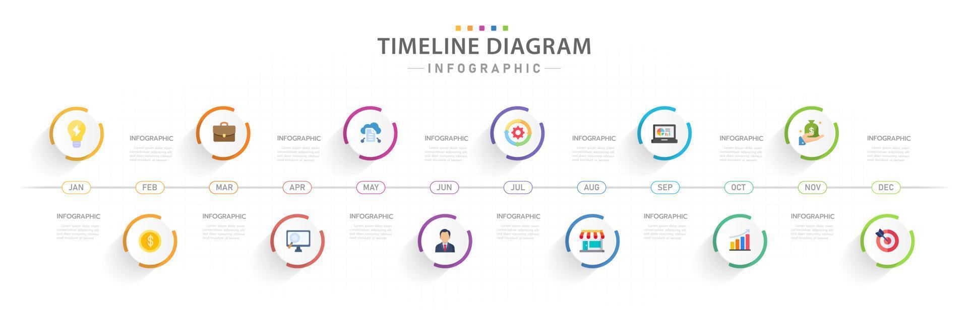 infographic mall för företag. 12 månader modern tidslinje diagram kalender med cirkel titlar, presentation vektor infografik.