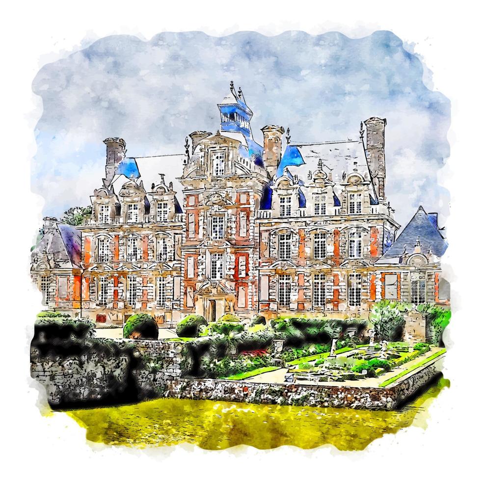 architektur schloss frankreich aquarell skizze handgezeichnete illustration vektor