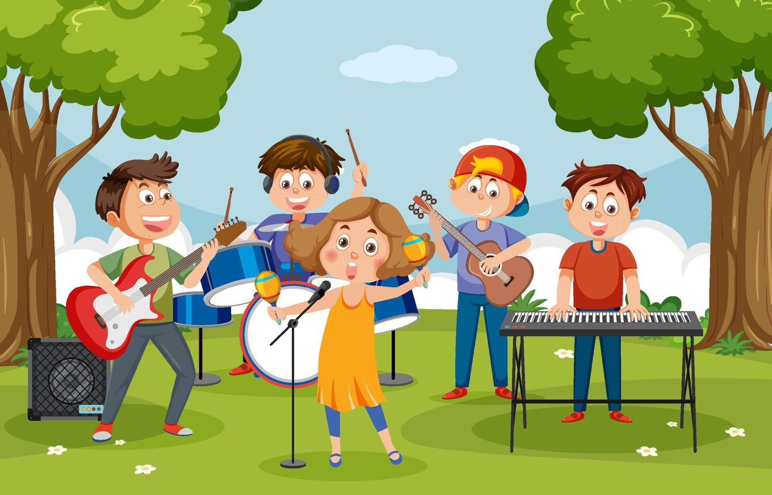 Kinder, die Musik im Park spielen vektor