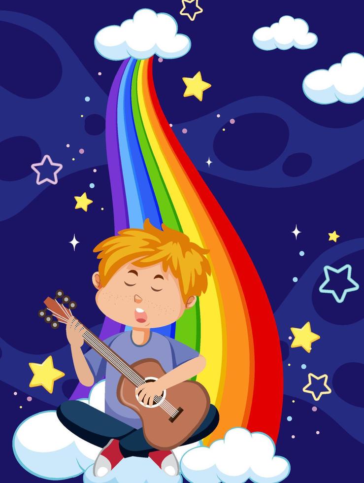 ein junge, der gitarre auf regenbogen im himmel spielt vektor