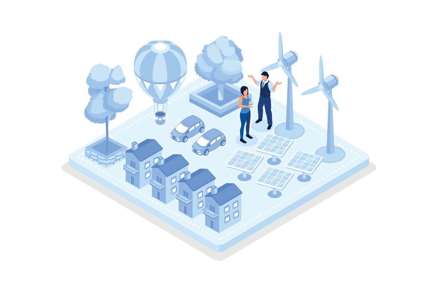 modernes grünes Stadtzentrum mit Privathäusern, Solaranlagen, Windmühlen und Elektroautos. Ökostadt mit erneuerbarer Energie. Ökologiekonzept, moderne Illustration des isometrischen Vektors vektor