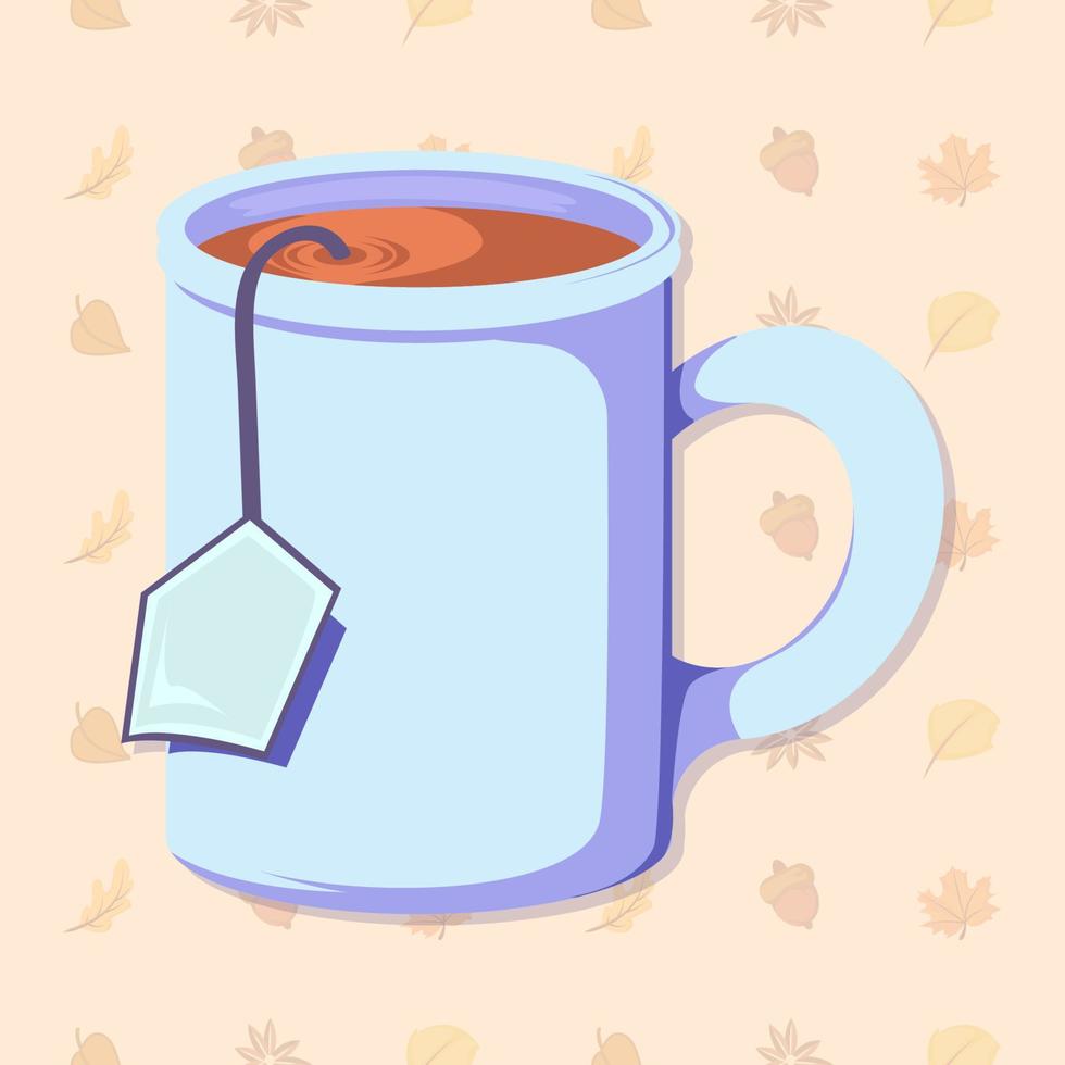 eine tasse tee mit papier- und teebeutelschnurillustration mit herbstelementhintergrund vektor