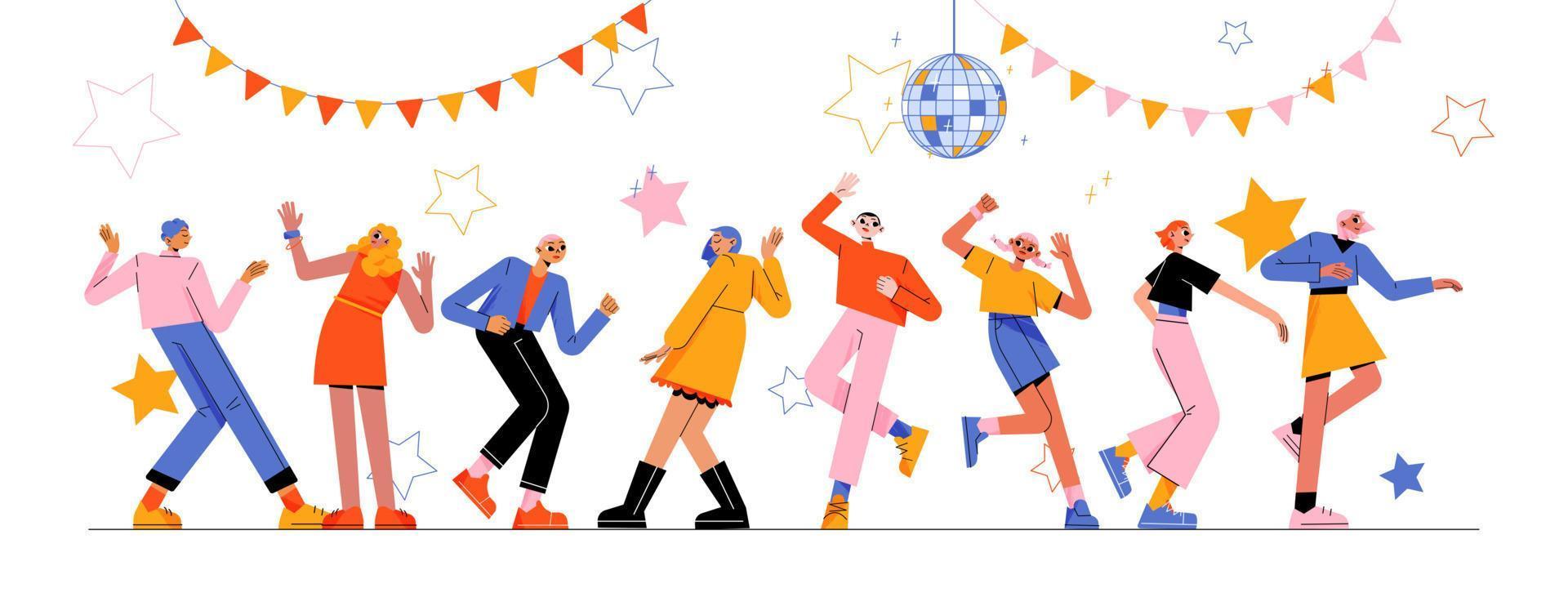 Disco-Party mit fröhlichen Menschen tanzen im Nachtclub vektor