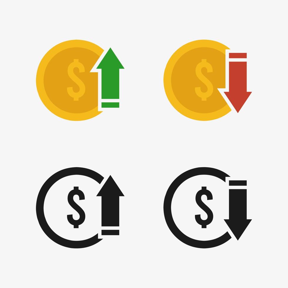 uppsättning av platt mynt ikoner med upp pil och ner pil isolerat på vit bakgrund vektor