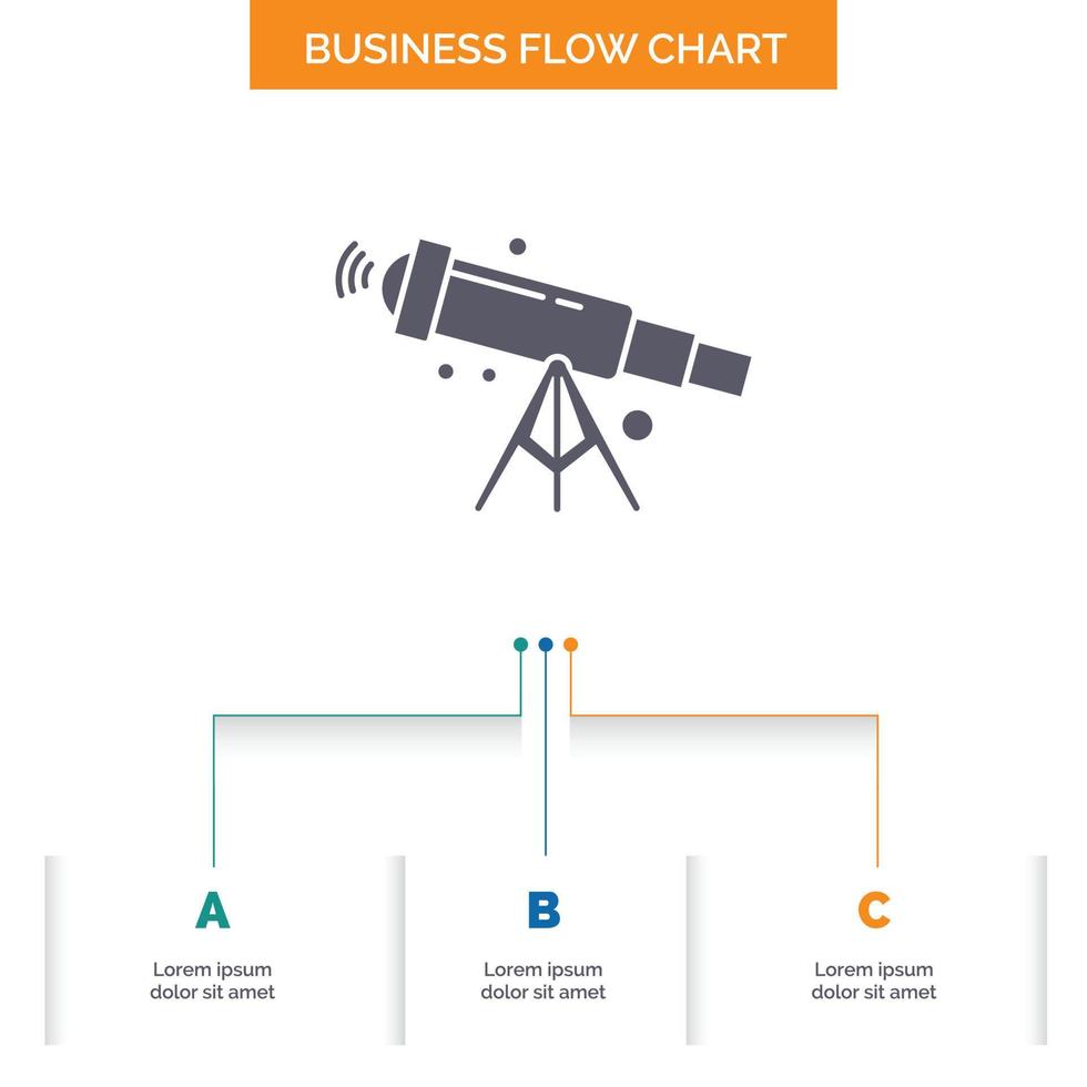 Teleskop. Astronomie. Platz. Aussicht. Zoom-Business-Flow-Chart-Design mit 3 Schritten. Glyphensymbol für Präsentationshintergrundvorlage Platz für Text. vektor