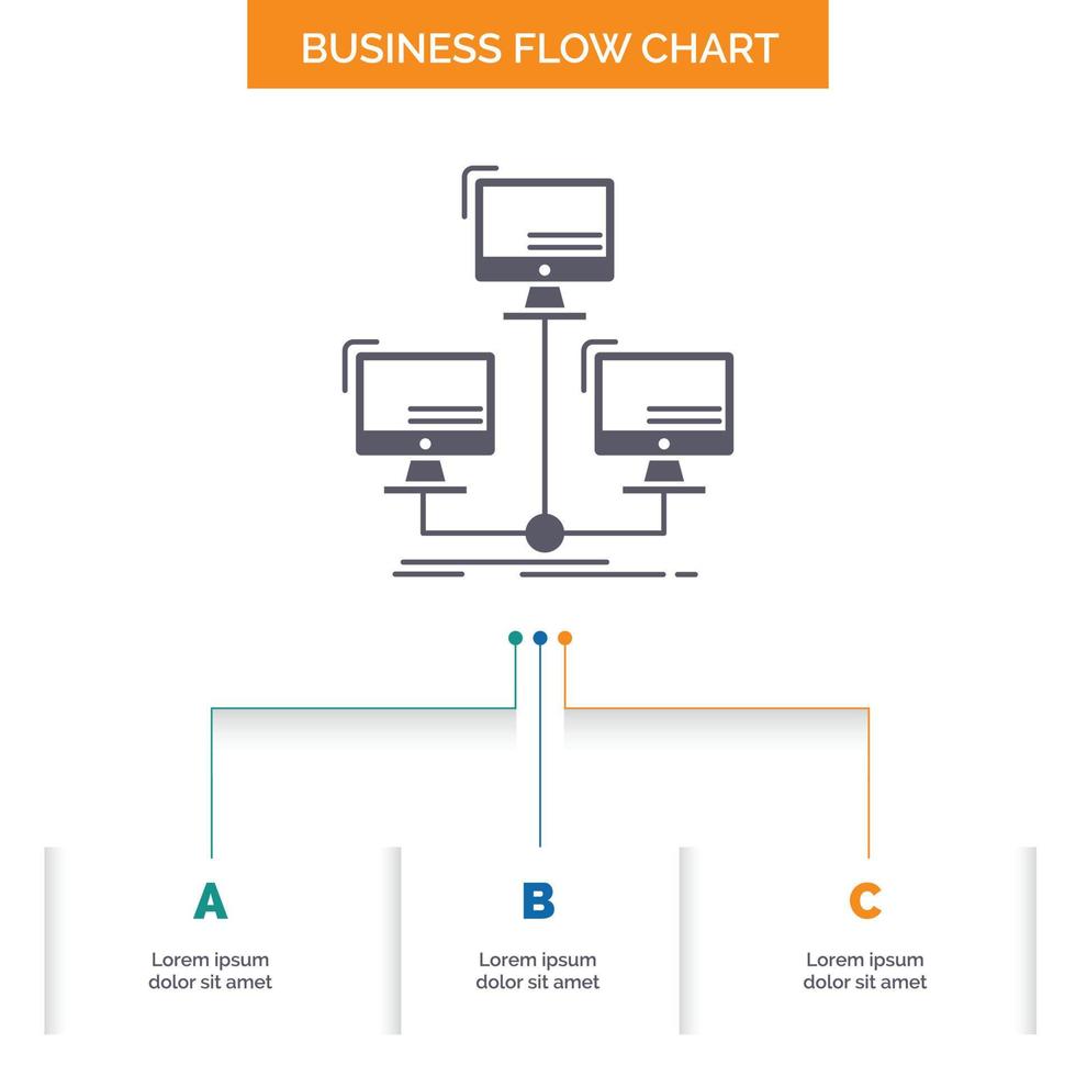 Datenbank. verteilt. Verbindung. Netzwerk. computer business flow chart design mit 3 schritten. Glyphensymbol für Präsentationshintergrundvorlage Platz für Text. vektor