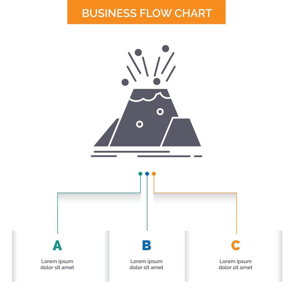 Katastrophe. Eruption. Vulkan. Alarm. Sicherheits-Business-Flussdiagramm-Design mit 3 Schritten. Glyphensymbol für Präsentationshintergrundvorlage Platz für Text. vektor