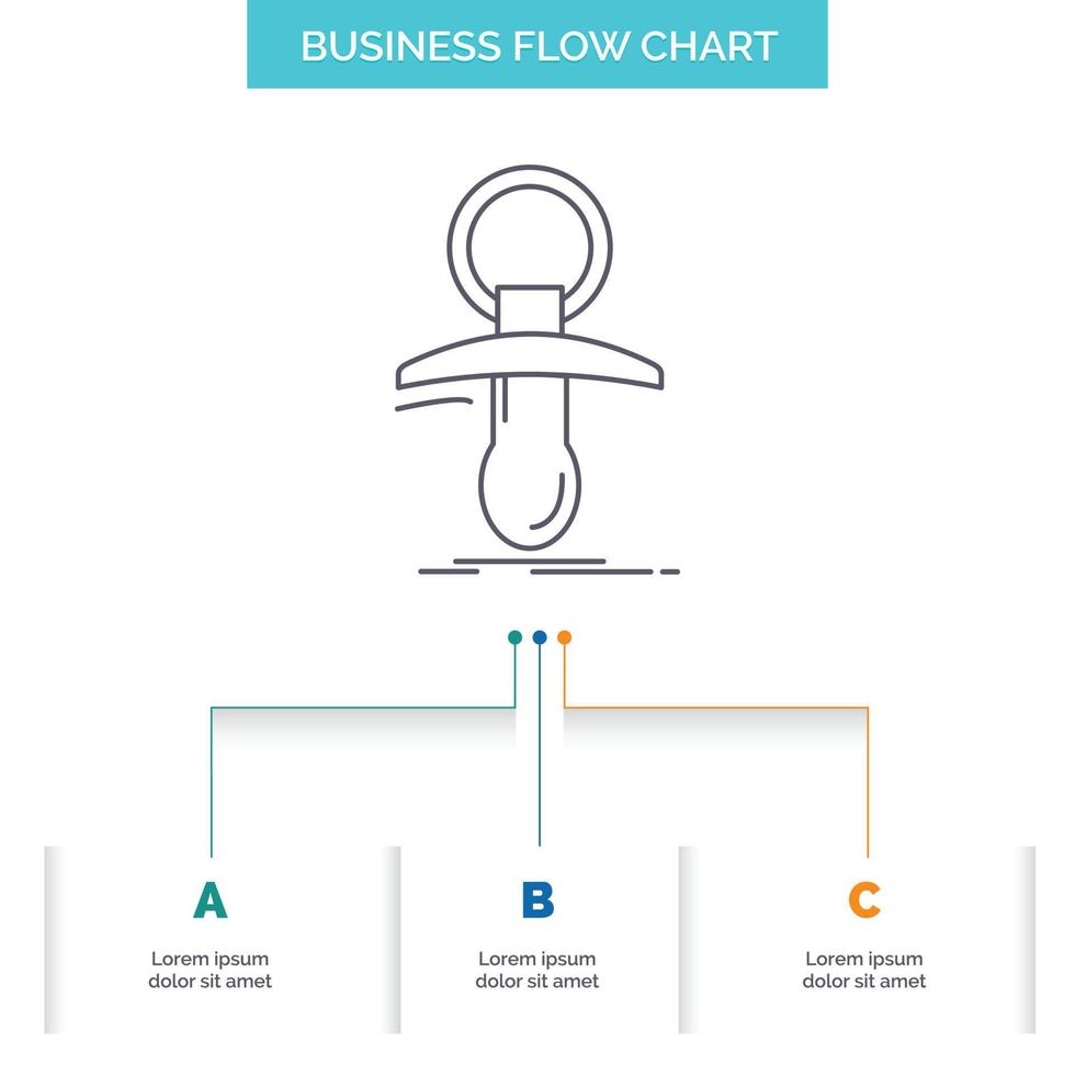 Baby. Attrappe. Neuling. Nippel. Noob-Business-Flussdiagramm-Design mit 3 Schritten. Liniensymbol für Präsentation Hintergrundvorlage Platz für Text vektor