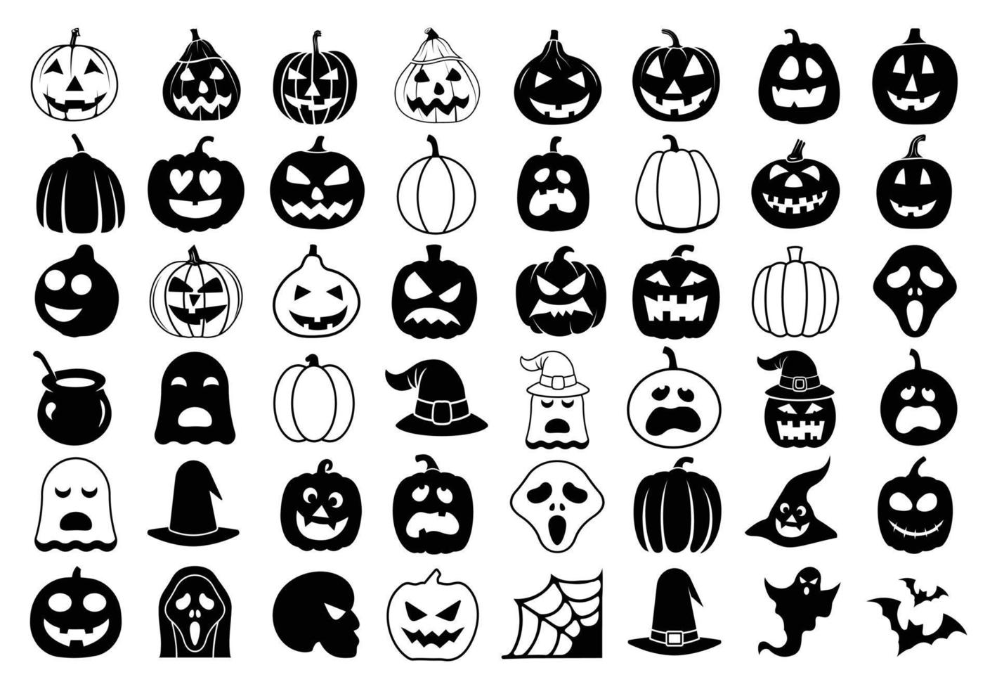 Große Sammlung von Halloween-Tag-Vektor- und Cliparts, Hexen, süßen Kürbissen und gruseligen Elementen für Halloween-Dekorationen, Premium-Vektor-Cliparts in schwarzer Farbe, kostenloser Happy Halloween-Tag. vektor