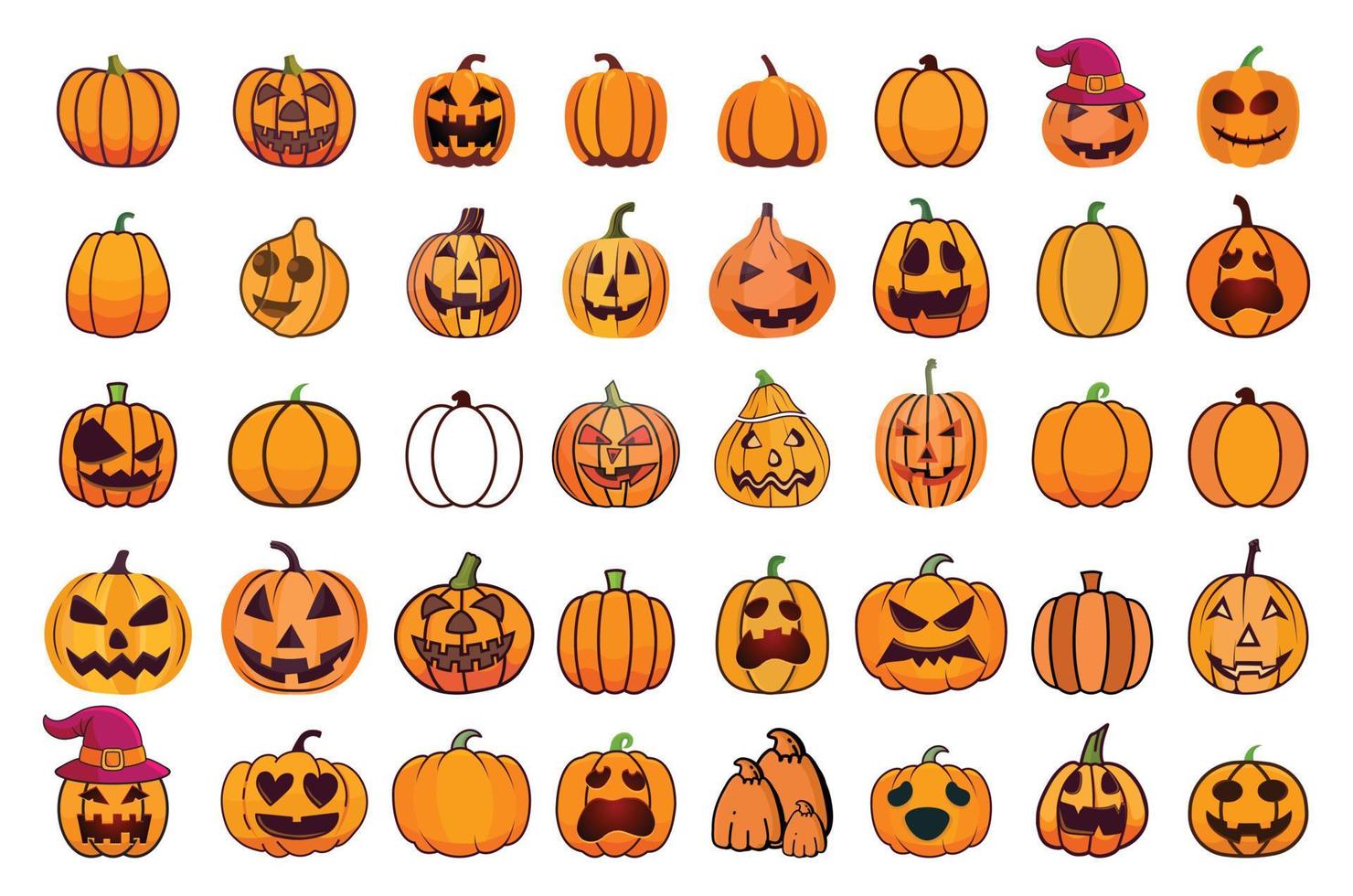 bester satz von süßen kürbisillustrationen des halloween-tages clipart hugh sammlungen, design der hexe, ikone und charakter für halloween-dekorationen. kreatives Vektorillustrations-Kürbisdesign. vektor