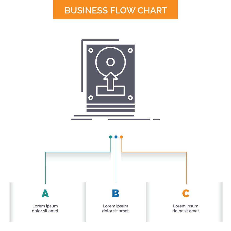 Installera. kör. HDD. spara. ladda upp företag strömma Diagram design med 3 steg. glyf ikon för presentation bakgrund mall plats för text. vektor