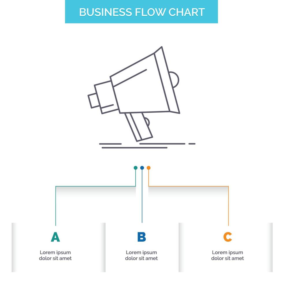 Megaphon. Digital. Marketing. Medien. Megaphon-Business-Flow-Chart-Design mit 3 Schritten. Liniensymbol für Präsentation Hintergrundvorlage Platz für Text vektor