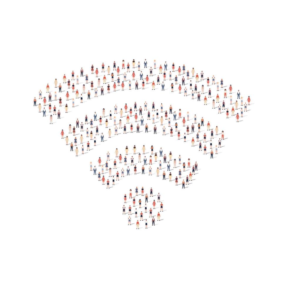 stor grupp av människor silhuett fullt med folk tillsammans i wiFi form isolerat på vit bakgrund. vektor illustration