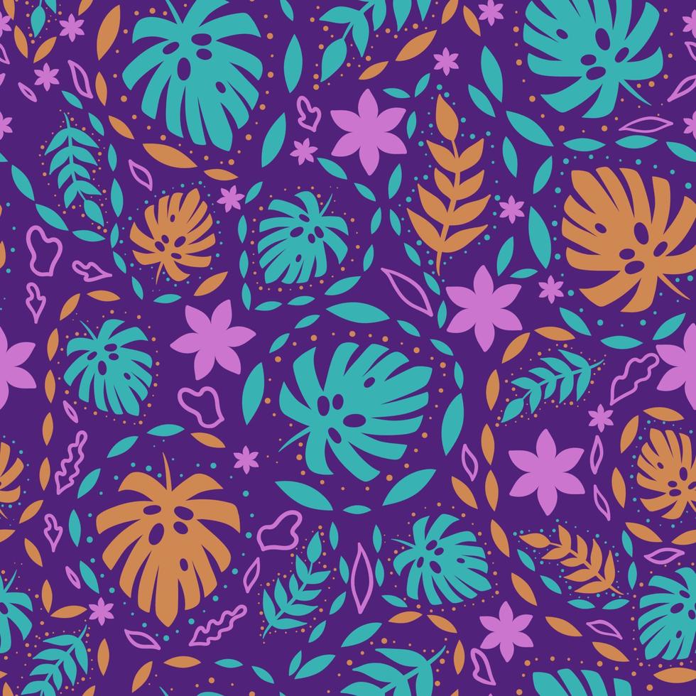 Nahtloses Muster mit tropischen Blättern auf violettem Hintergrund. Vektorgrafiken. vektor