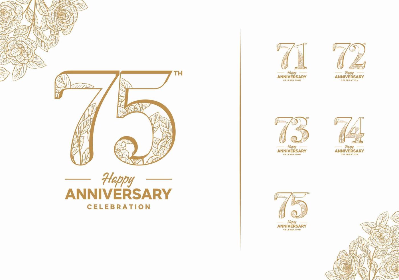årsdag logotyp uppsättning med blomma element 71, 72, 73, 74, 75 vektor