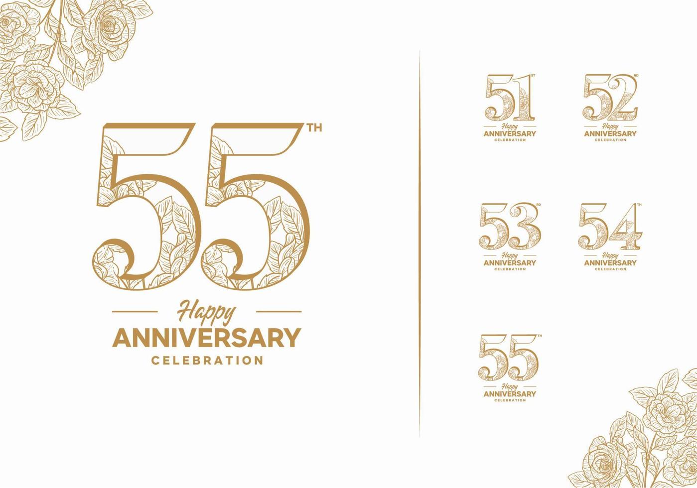årsdag logotyp uppsättning med blomma element 51, 52, 53, 54, 55 vektor