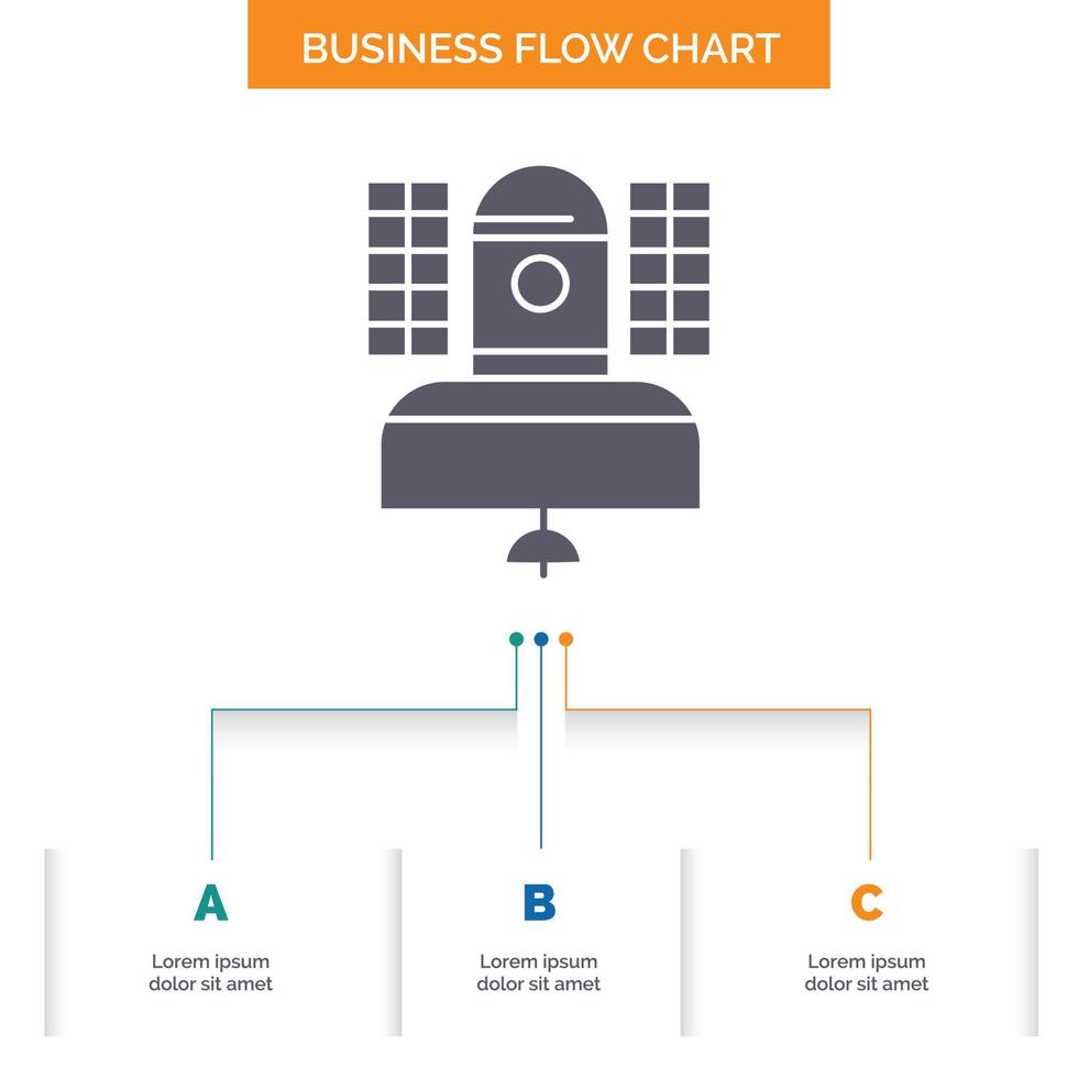Satellit. Übertragung. Rundfunk. Kommunikation. Telekommunikationsgeschäfts-Flussdiagramm-Design mit 3 Schritten. Glyphensymbol für Präsentationshintergrundvorlage Platz für Text. vektor