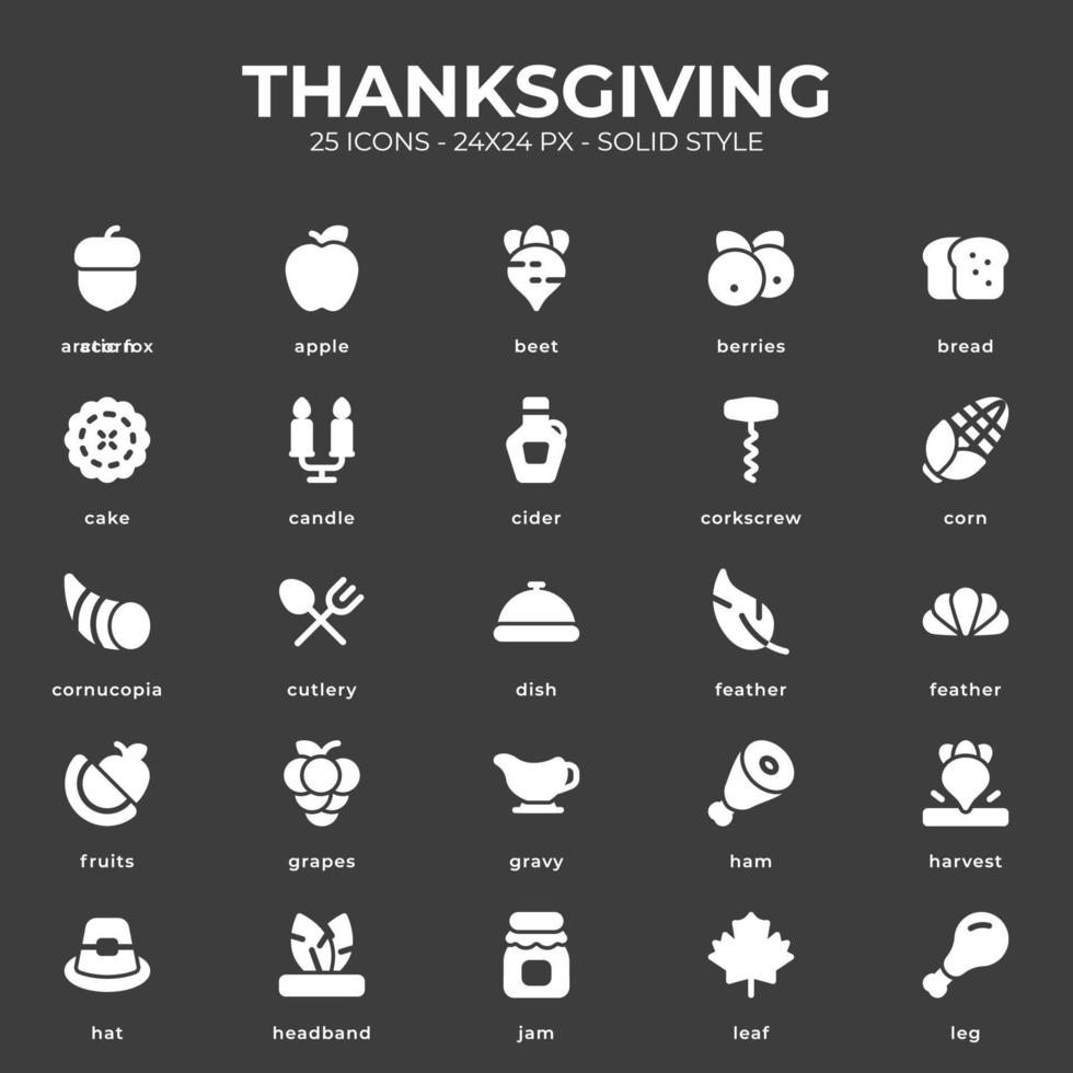 Thanksgiving-Icon-Pack mit schwarzer Farbe vektor