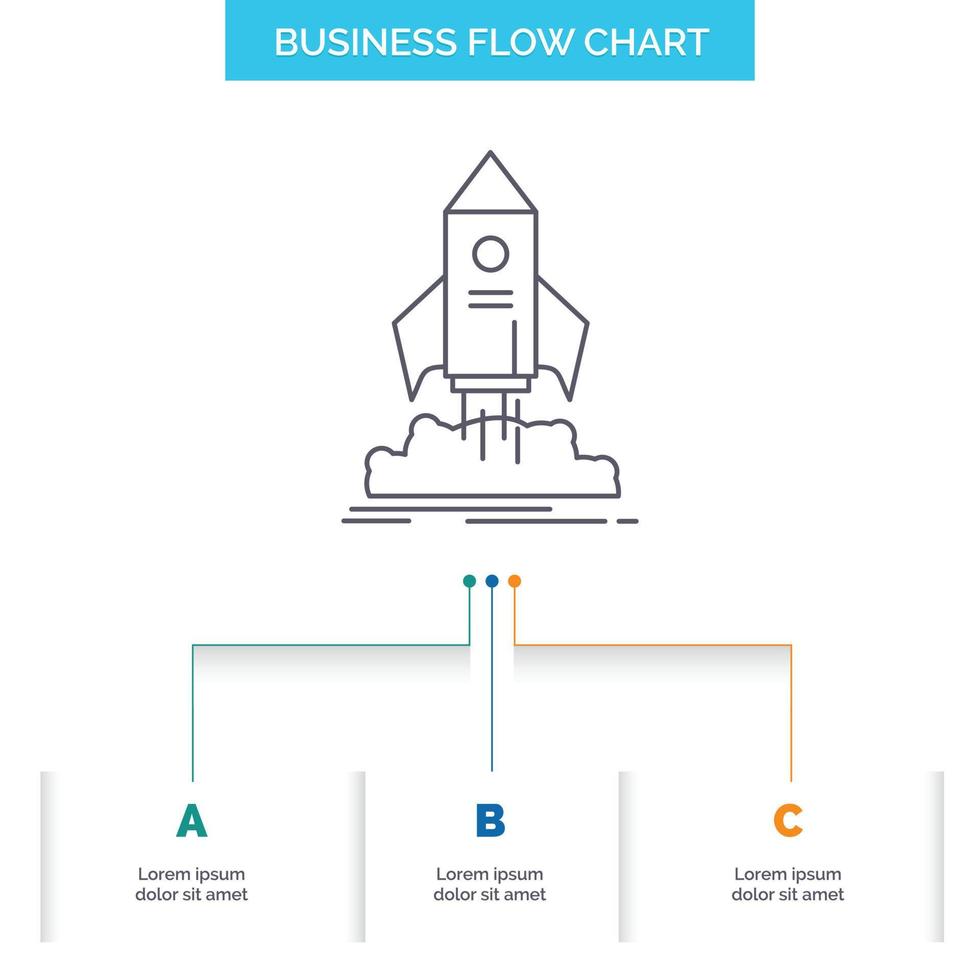 Start. Anlaufen. Schiff. pendeln. Mission Business Flow Chart-Design mit 3 Schritten. Liniensymbol für Präsentation Hintergrundvorlage Platz für Text vektor