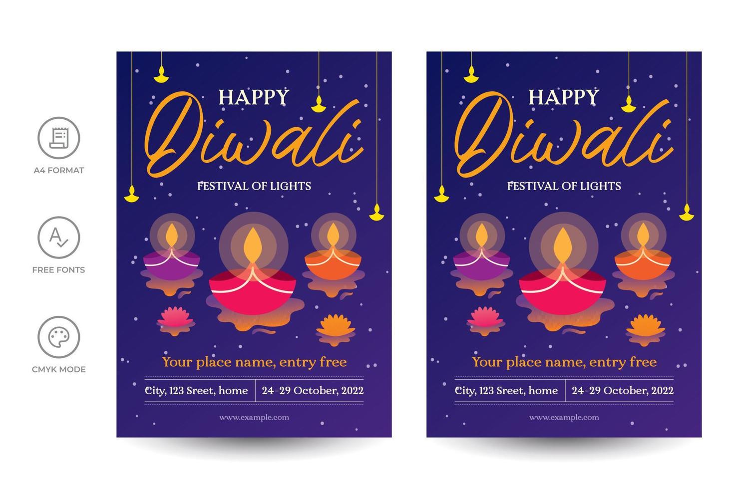 glücklicher diwali-festhintergrund mit öllampen und blumen, flyer, vektorschablone vektor