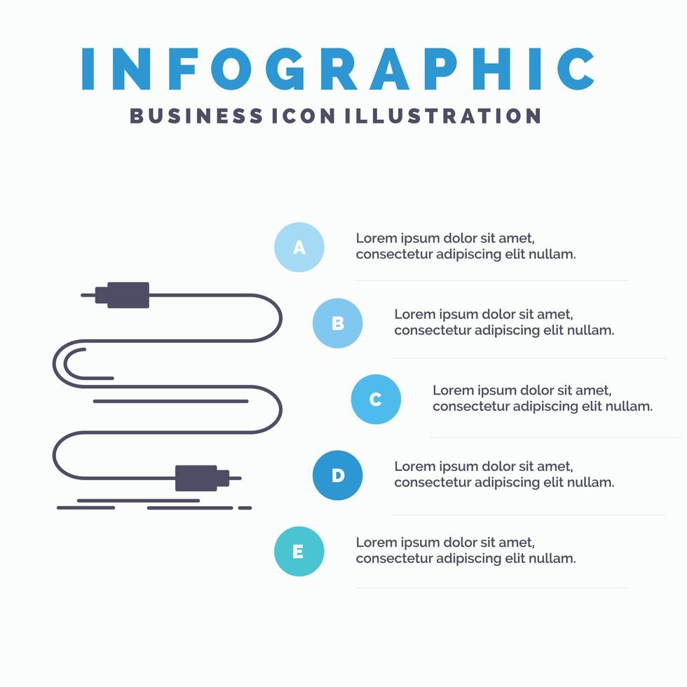 Audio. Kabel. Kabel. Klang. Draht-Infografik-Vorlage für Website und Präsentation. Glyph graues Symbol mit blauer Infografik-Stil-Vektorillustration. vektor