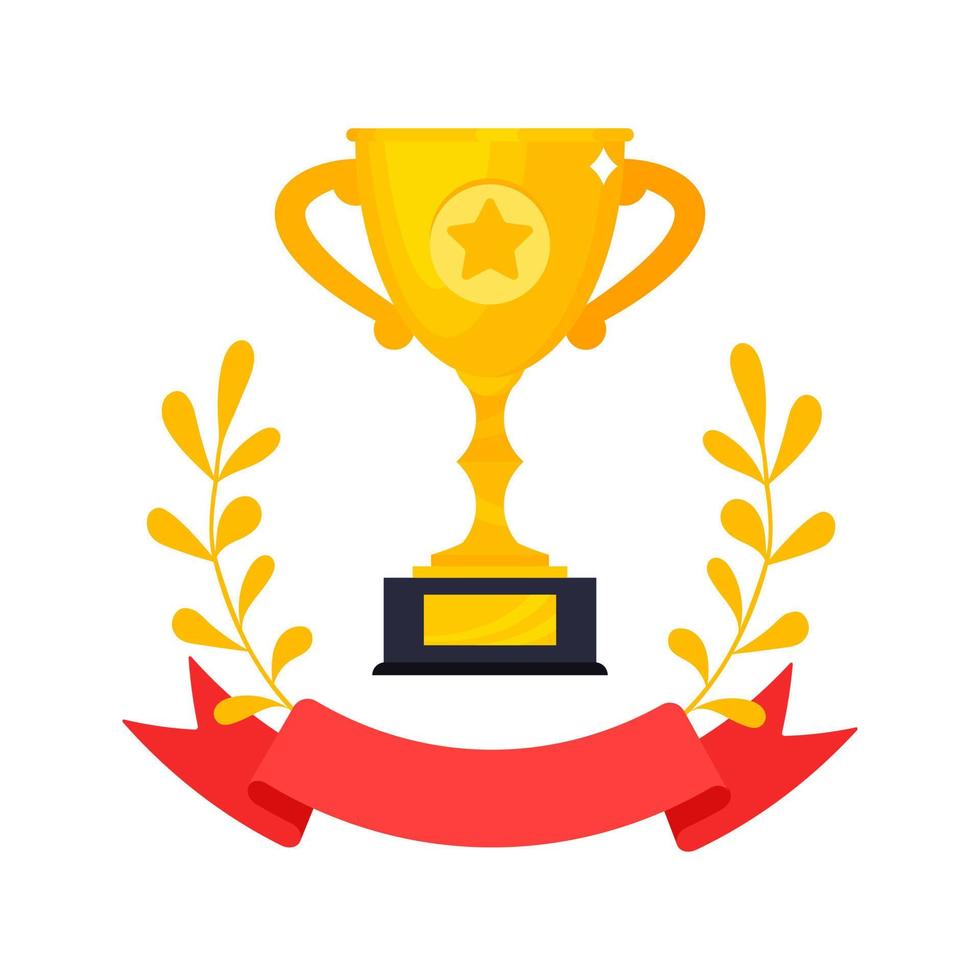 gyllene vinnare tilldela trofén bägare kopp, krans, stjärnor och band kopp ikon tecken platt stil design vektor illustration.