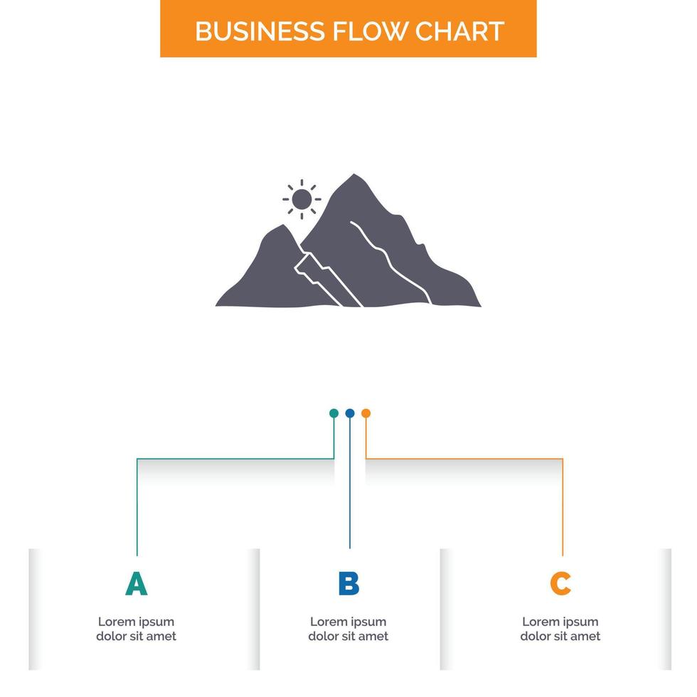 Berg. Landschaft. hügel. Natur. Sun-Business-Flow-Chart-Design mit 3 Schritten. Glyphensymbol für Präsentationshintergrundvorlage Platz für Text. vektor