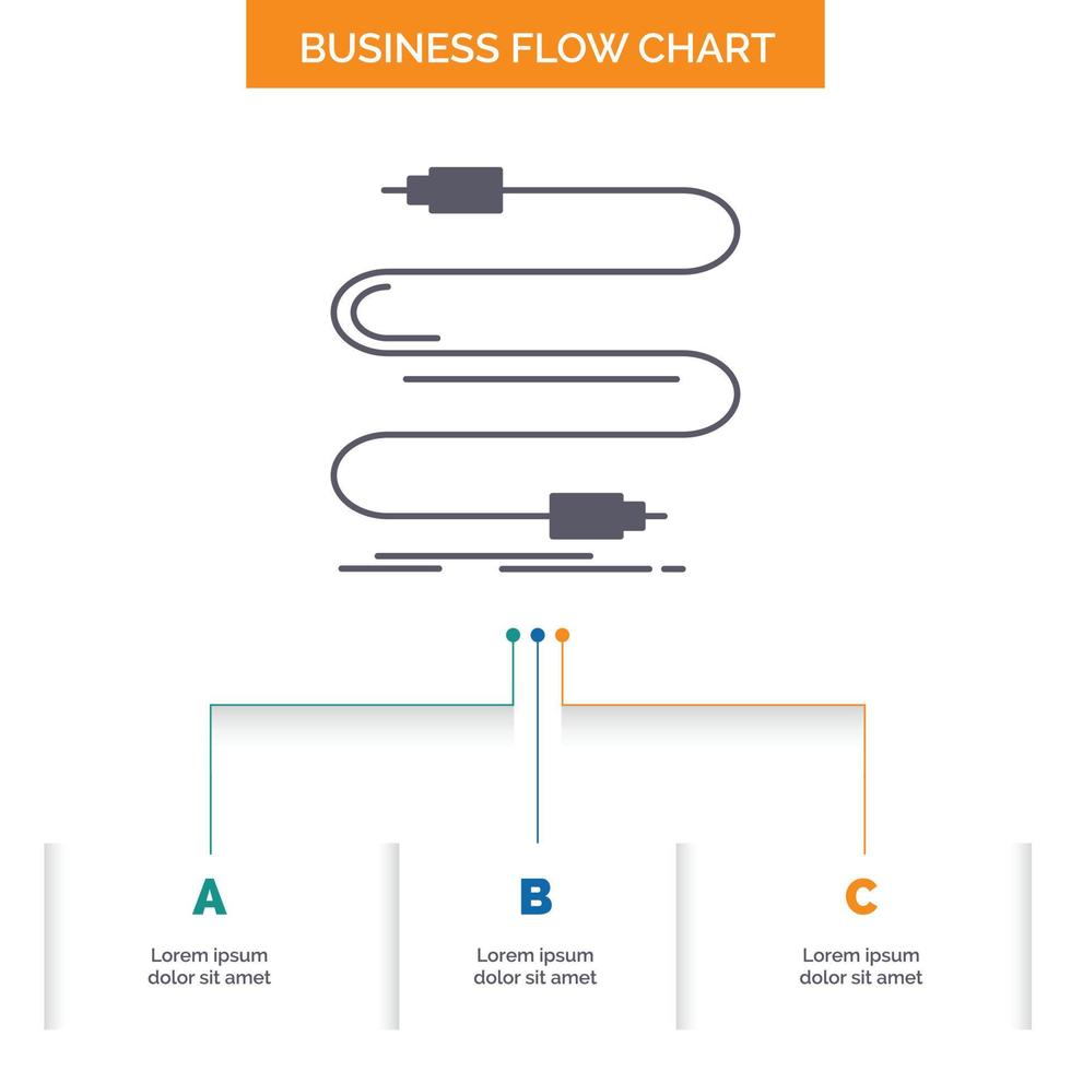 Audio. Kabel. Kabel. Klang. Wire-Business-Flow-Chart-Design mit 3 Schritten. Glyphensymbol für Präsentationshintergrundvorlage Platz für Text. vektor