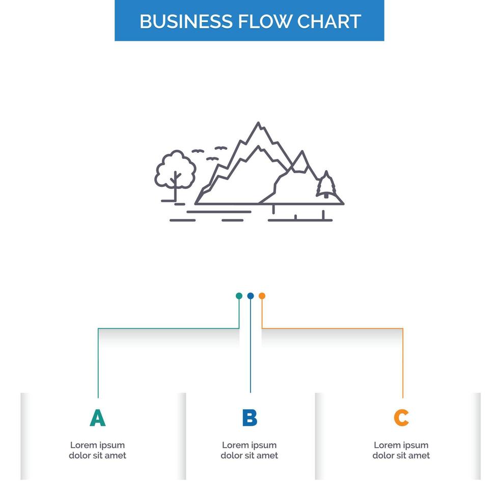 kulle. landskap. natur. berg. träd företag strömma Diagram design med 3 steg. linje ikon för presentation bakgrund mall plats för text vektor