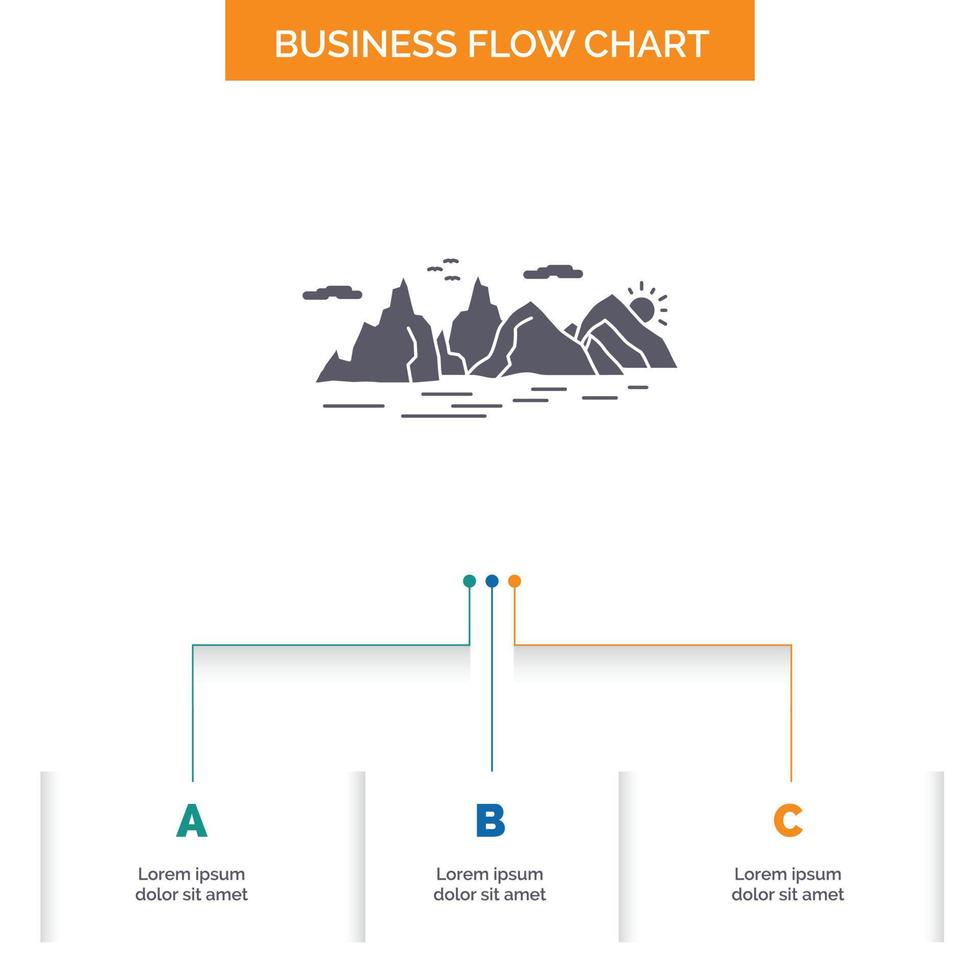 berg. kulle. landskap. natur. klippa företag strömma Diagram design med 3 steg. glyf ikon för presentation bakgrund mall plats för text. vektor