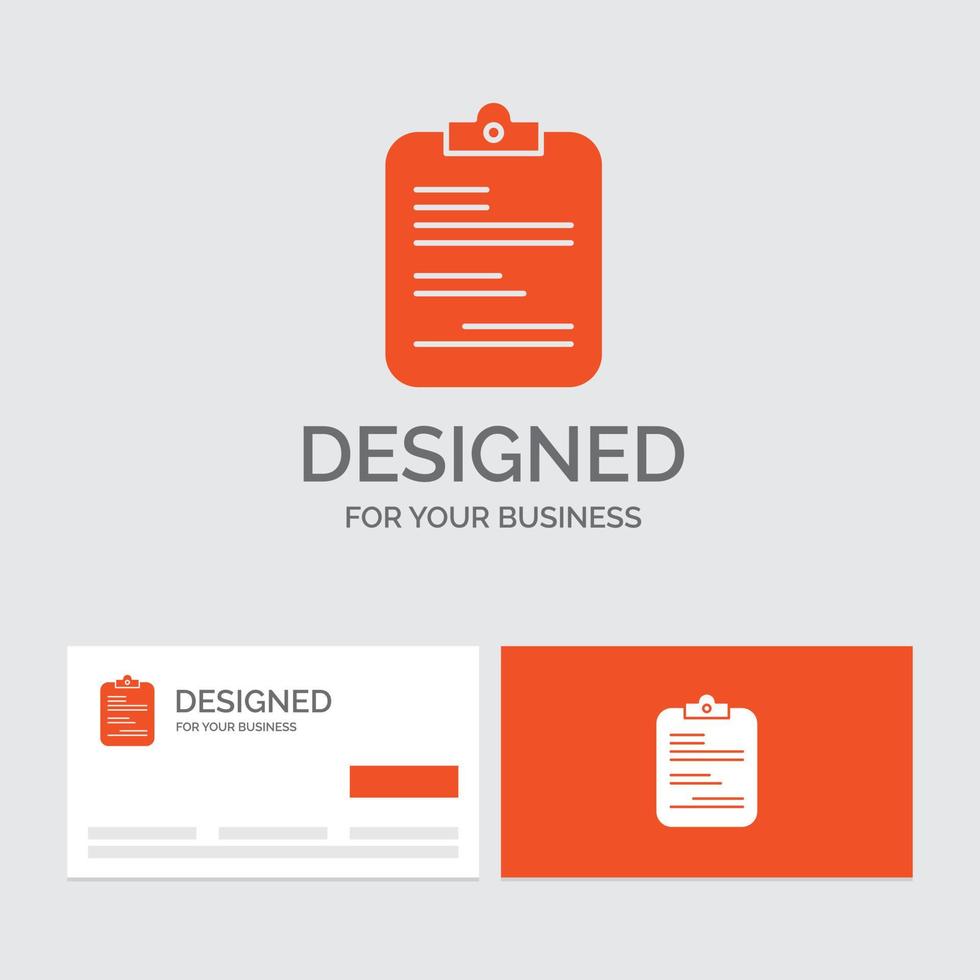 Business-Logo-Vorlage für den Bericht. medizinisch. Papier. Checkliste. dokumentieren. orange visitenkarten mit markenlogo-vorlage. vektor