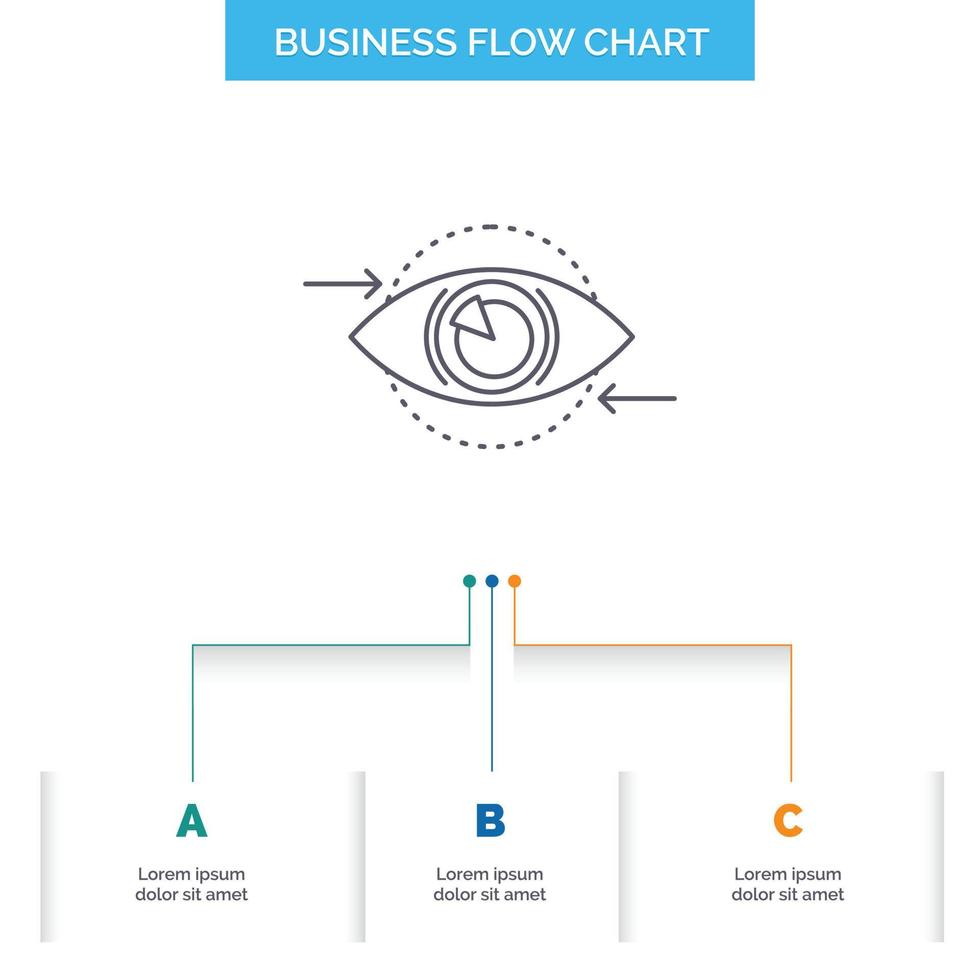 Geschäft. Auge. Marketing. Vision. Planen Sie das Design von Geschäftsflussdiagrammen mit 3 Schritten. Liniensymbol für Präsentation Hintergrundvorlage Platz für Text vektor