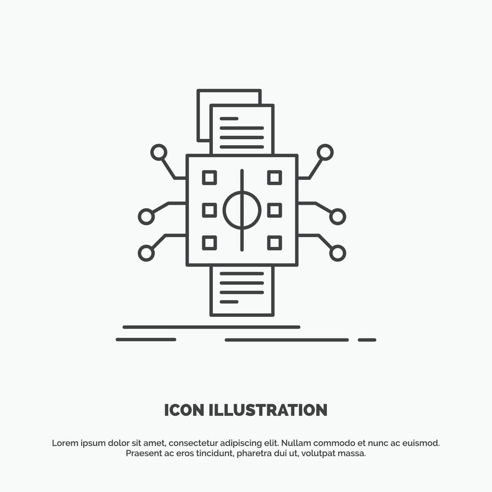 analys. data. utgångspunkt. bearbetning. rapportering ikon. linje vektor grå symbol för ui och ux. hemsida eller mobil Ansökan