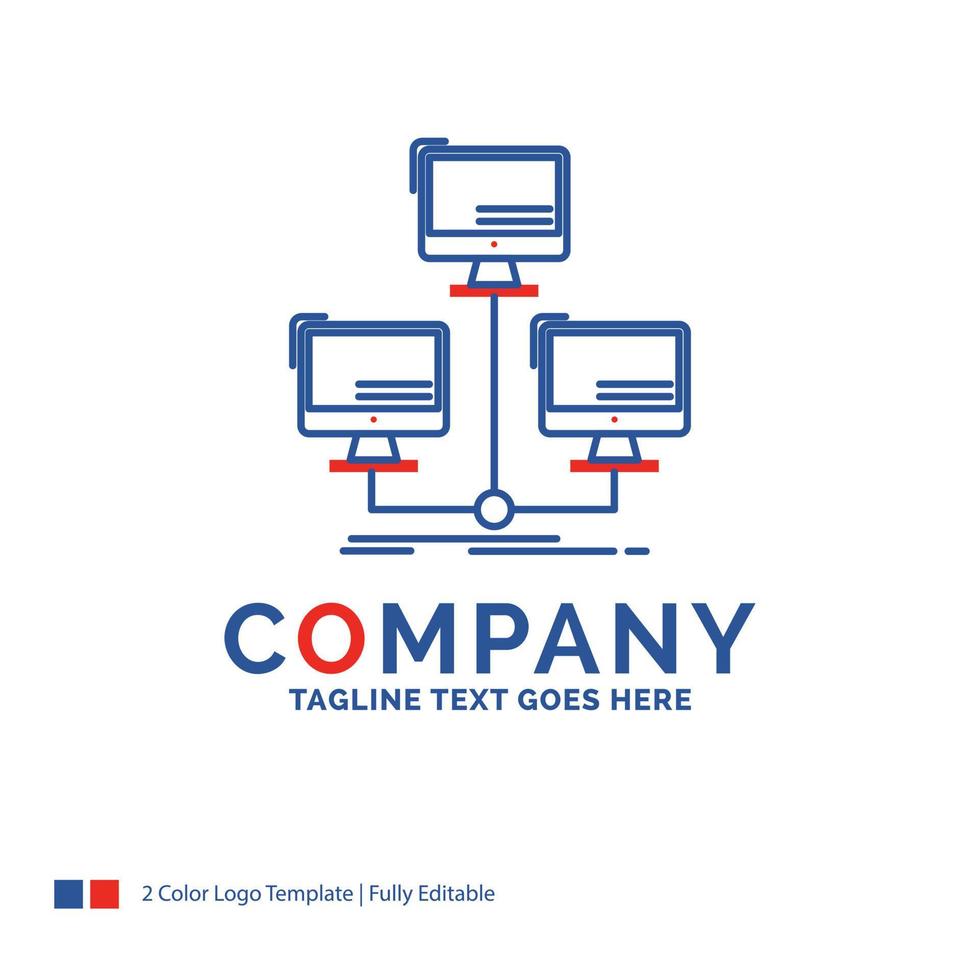 Logo-Design des Firmennamens für die Datenbank. verteilt. Verbindung. Netzwerk. Computer. blaues und rotes markendesign mit platz für tagline. abstrakte kreative Logo-Vorlage für kleine und große Unternehmen. vektor