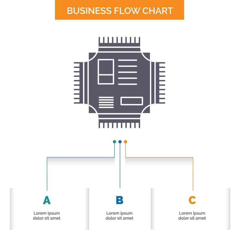 Chip. Zentralprozessor. Mikrochip. Prozessor. Technologie-Business-Flow-Chart-Design mit 3 Schritten. Glyphensymbol für Präsentationshintergrundvorlage Platz für Text. vektor