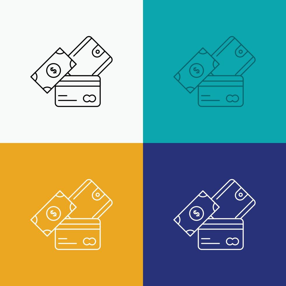 kreditera kort. pengar. valuta. dollar. plånbok ikon över olika bakgrund. linje stil design. designad för webb och app. eps 10 vektor illustration