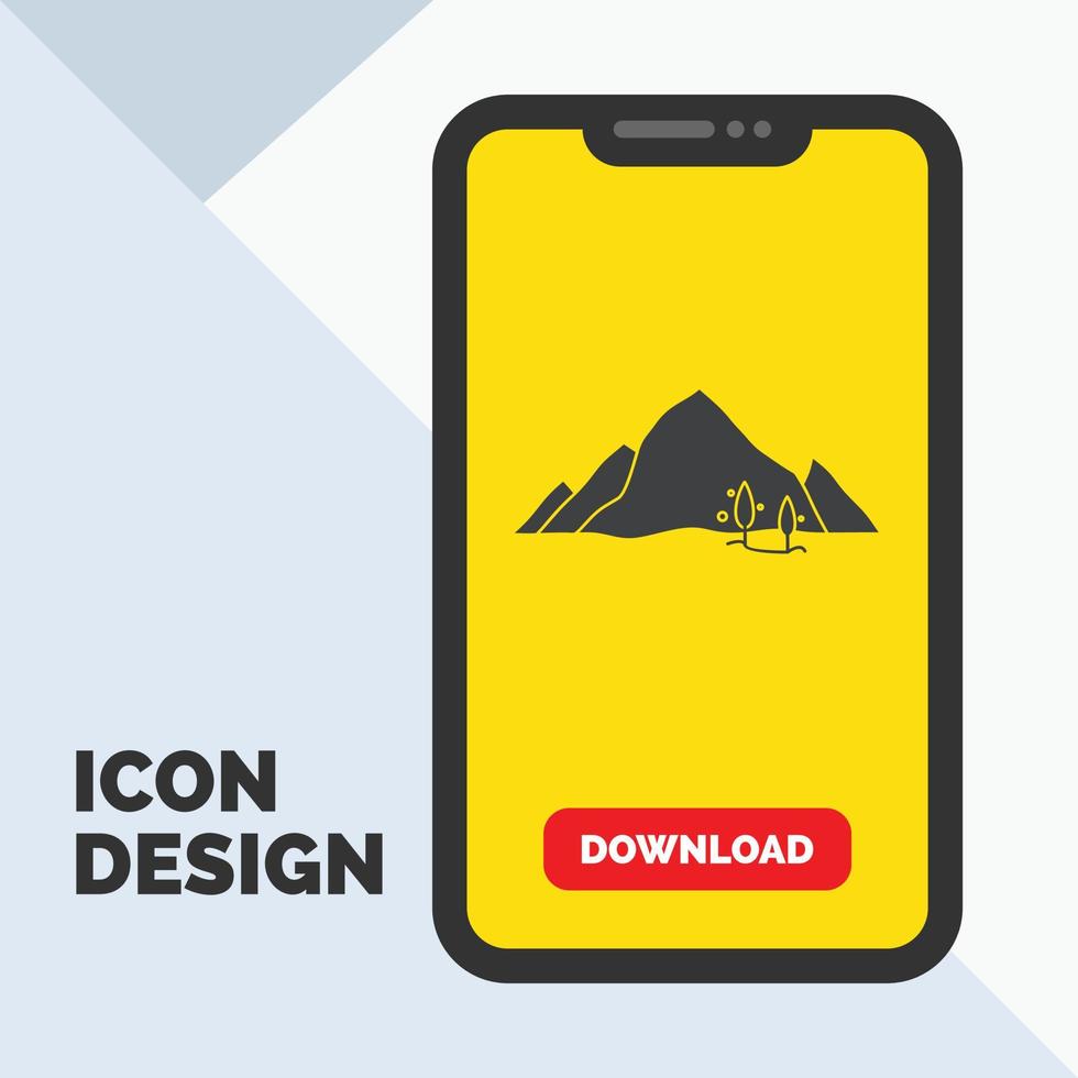 berg. landskap. kulle. natur. träd glyf ikon i mobil för ladda ner sida. gul bakgrund vektor