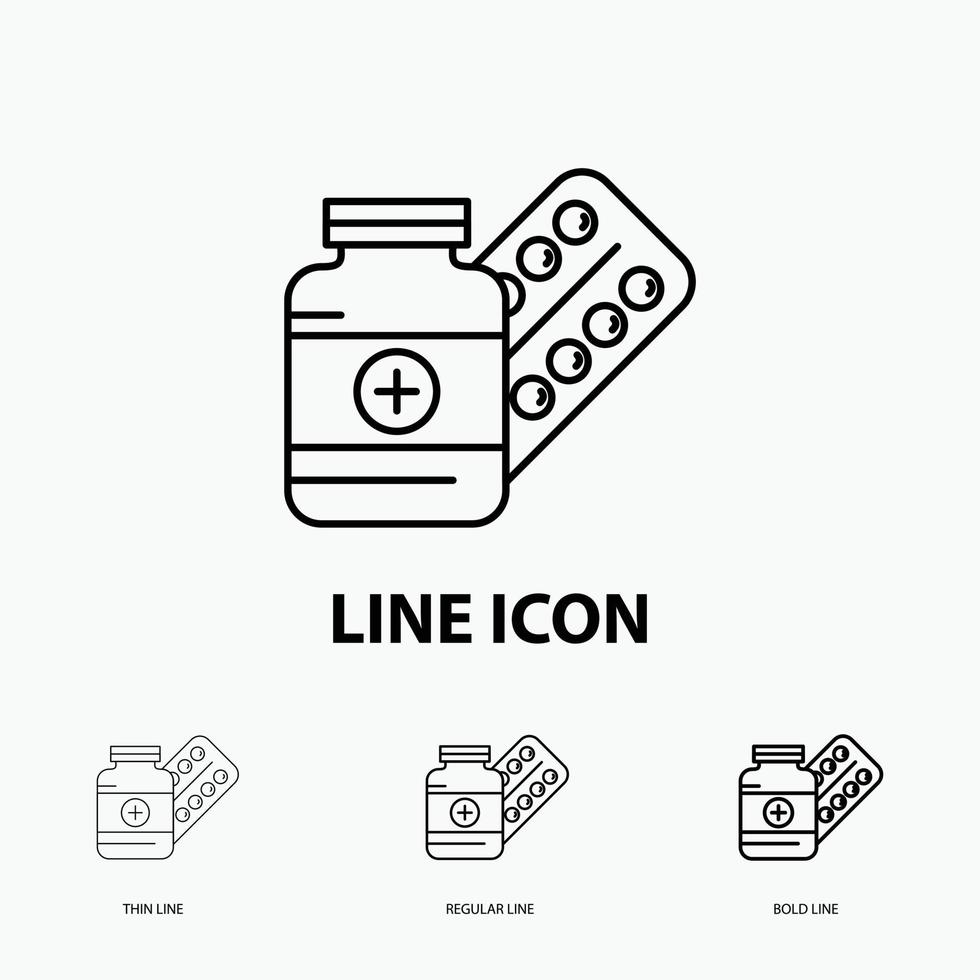 Medizin. Pille. Kapsel. Drogen. Tablet-Symbol in dünn. regelmäßiger und fetter Linienstil. Vektor-Illustration vektor