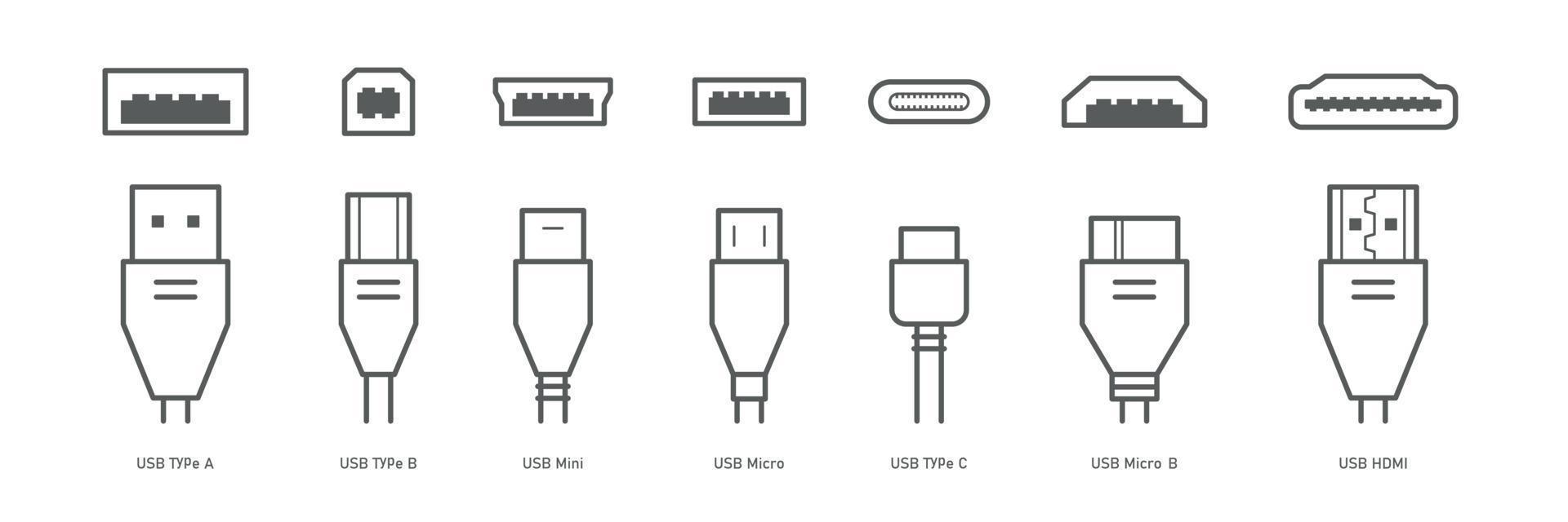 kabelstecker und stecker zeilensymbole gesetzt. usb, hdmi, ethernet-symbolsatz. Mini-, Mikro-, Lightning-, Typ-a-, b-, c-Anschlüsse. Vektor-Illustration weißen Hintergrund vektor