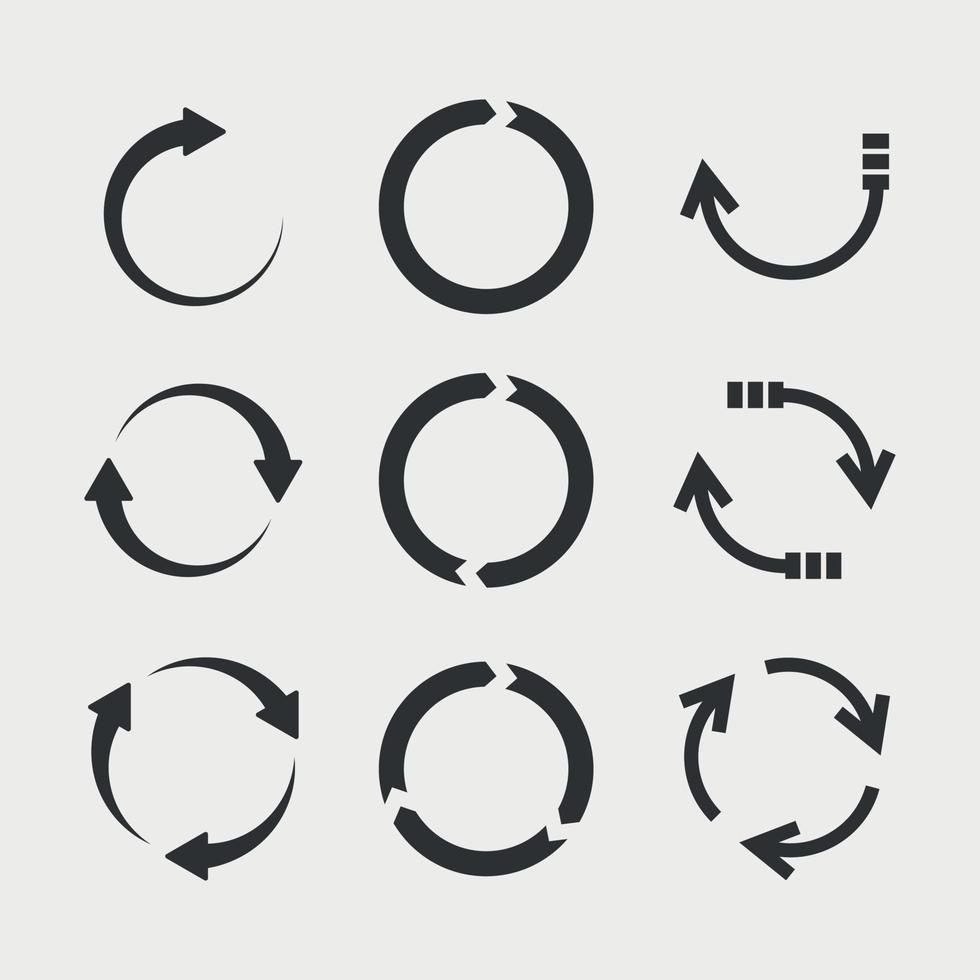 cirkel pil ikon silhuett uppsättning. läser in, återvinna eller upprepa tecken. sammanbindande runda. ett, två, tre pil i de slinga. vektor illustration