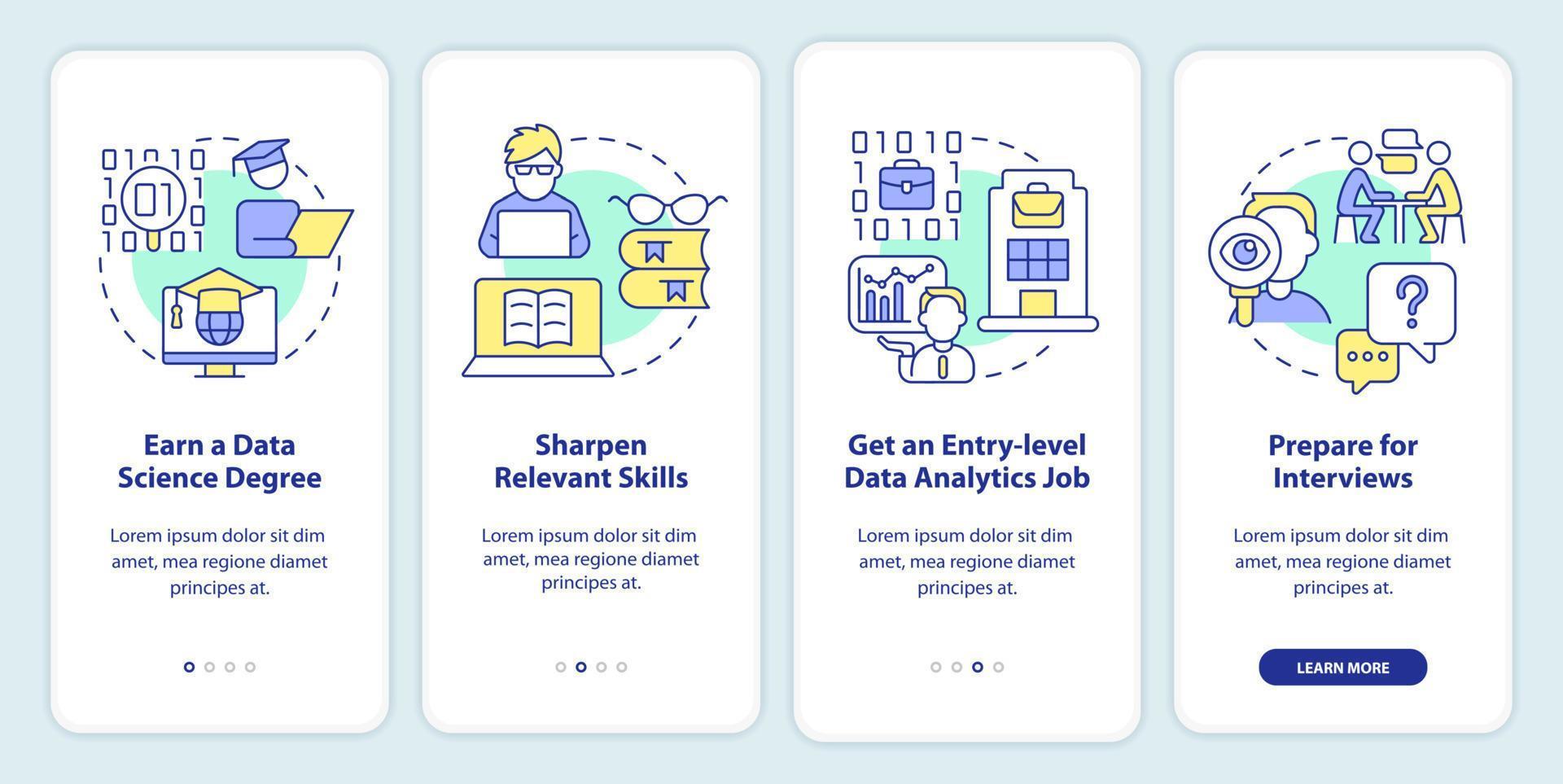 passande data forskare onboarding mobil app skärm. genomgång 4 steg redigerbar grafisk instruktioner med linjär begrepp. ui, ux, gui mall. vektor